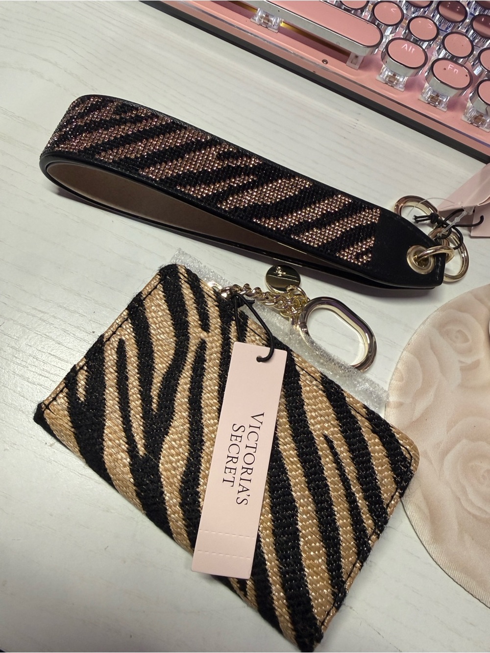 Victoria’s Secret Bundle card foldover & keychain Black zebra  straw NEW